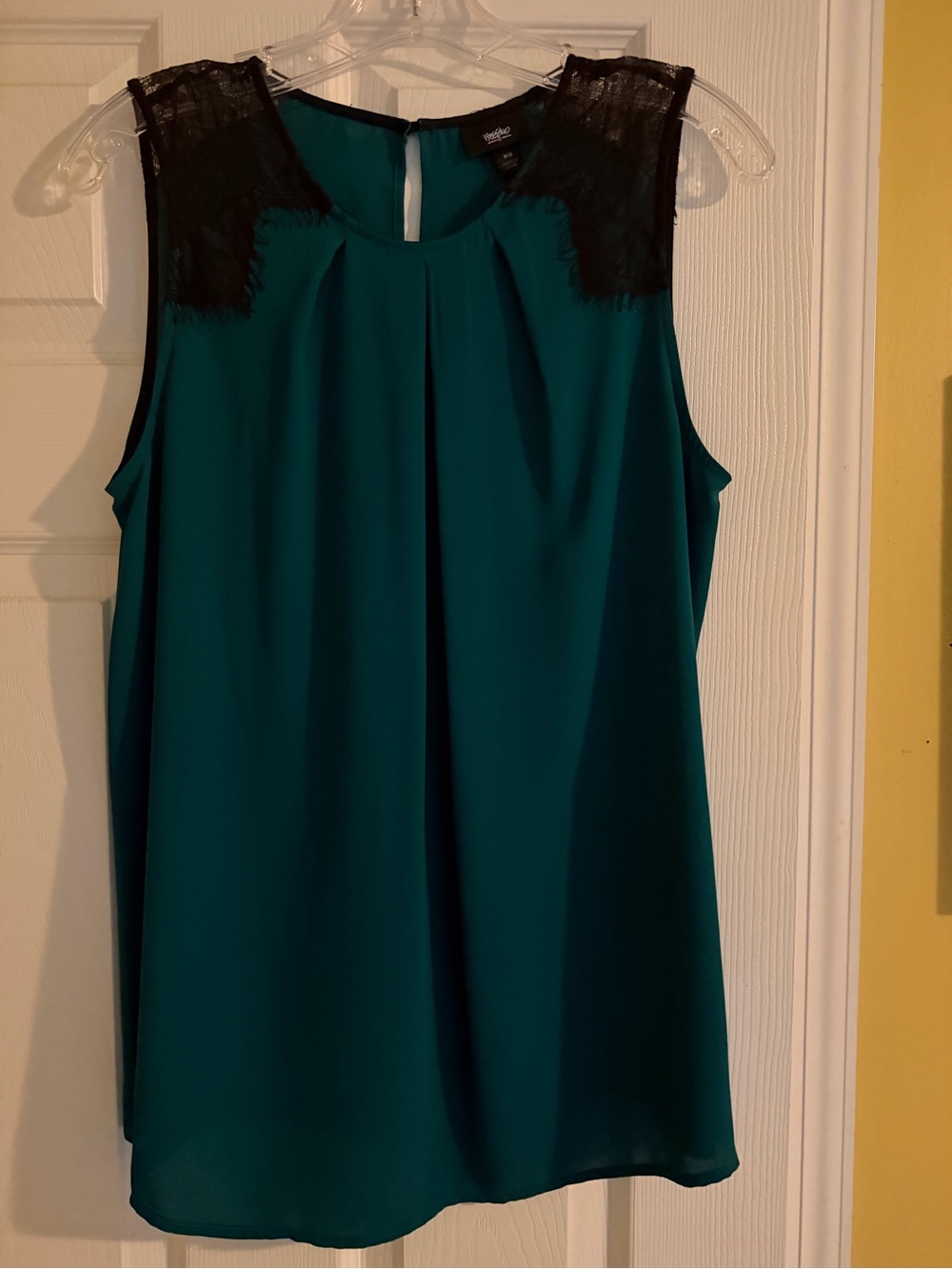 Sleeveless Dark Green Blouse with Black Lace Shoulders